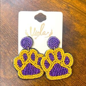 Viola Beaded Paw 🐾 Tigers Earrings - Purple and Yellow LSU
